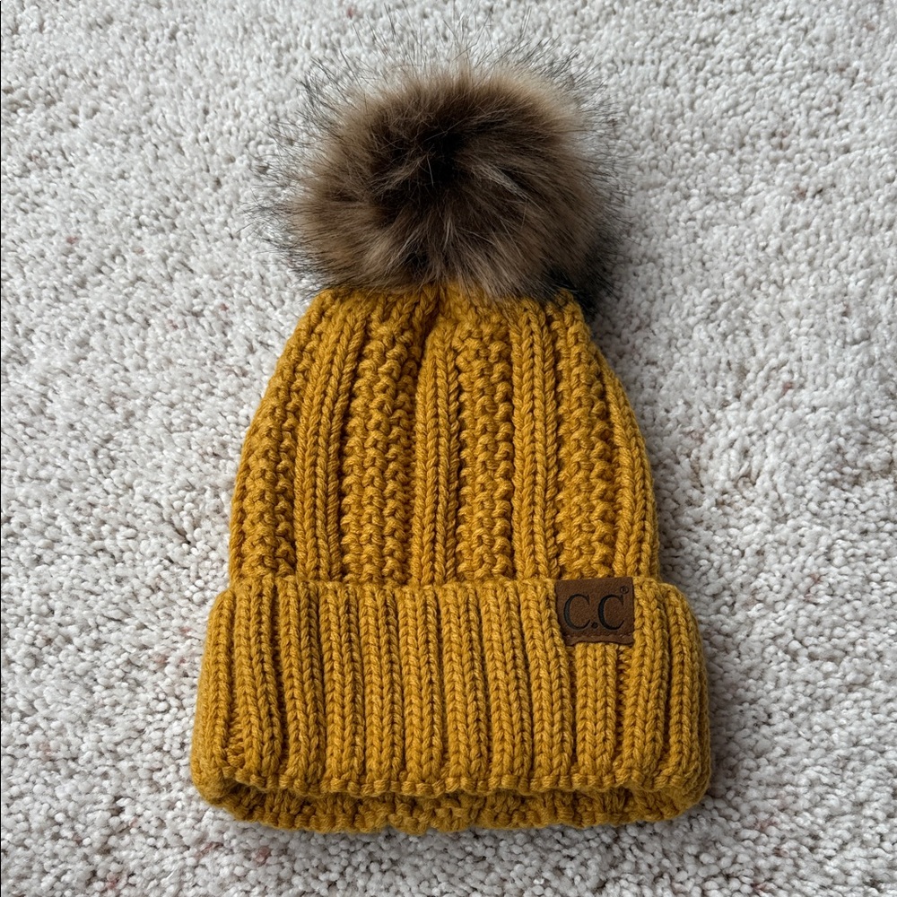 C.C Kids Yellow Knit Beanie with Faux Fur Pom